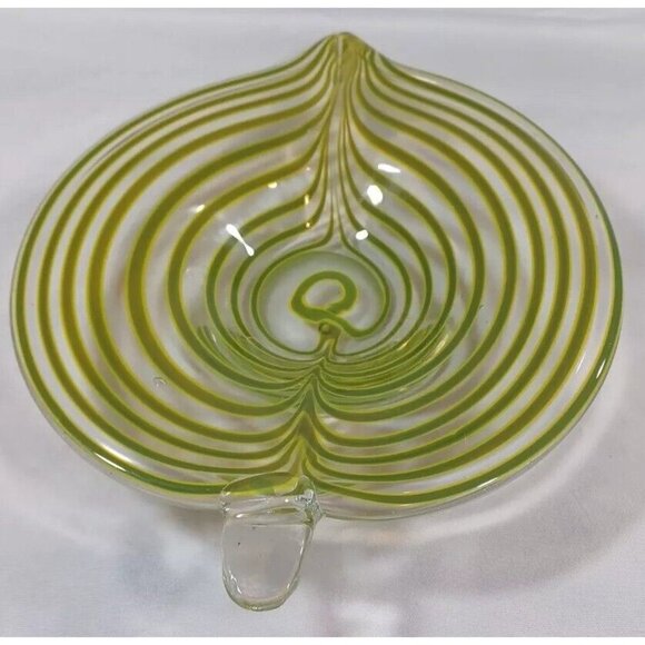 Mid Century Murano Centerpiece Bowl Tyra Lundgren Leaf Stripes Green Yellow - Picture 10 of 16